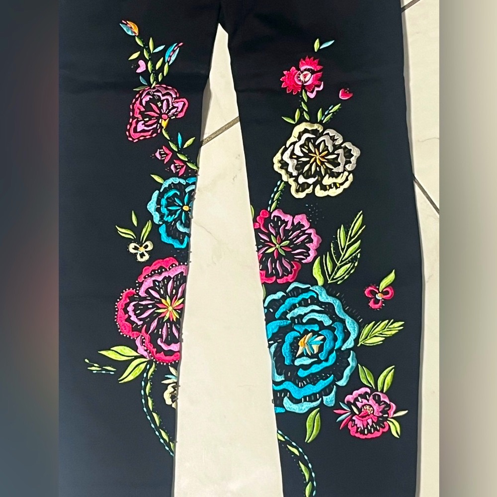 NEW Cache Black pants embellished pink blue purple green beaded floral design